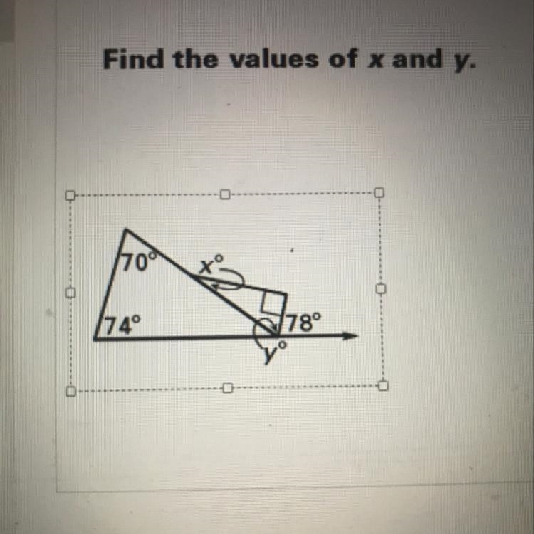 Find the values of x and y. 70 74° 78-example-1