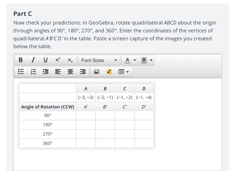 Now check your predictions. In GeoGebra, rotate quadrilateral ABCD about the origin-example-1