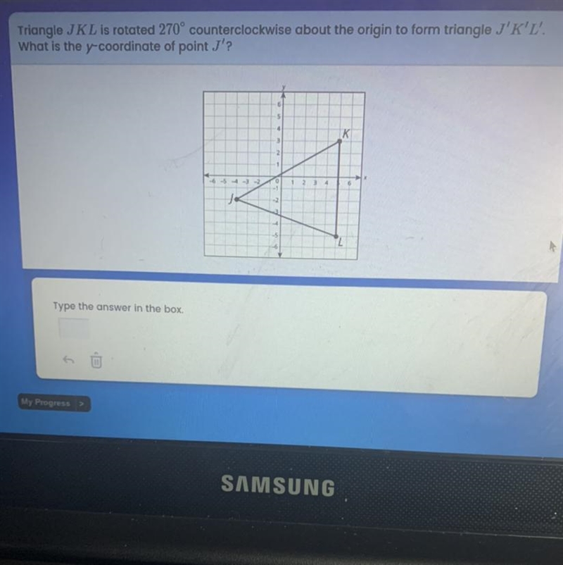 Triangle JKL is rotated to 270° counterclockwise about the origin to form triangle-example-1