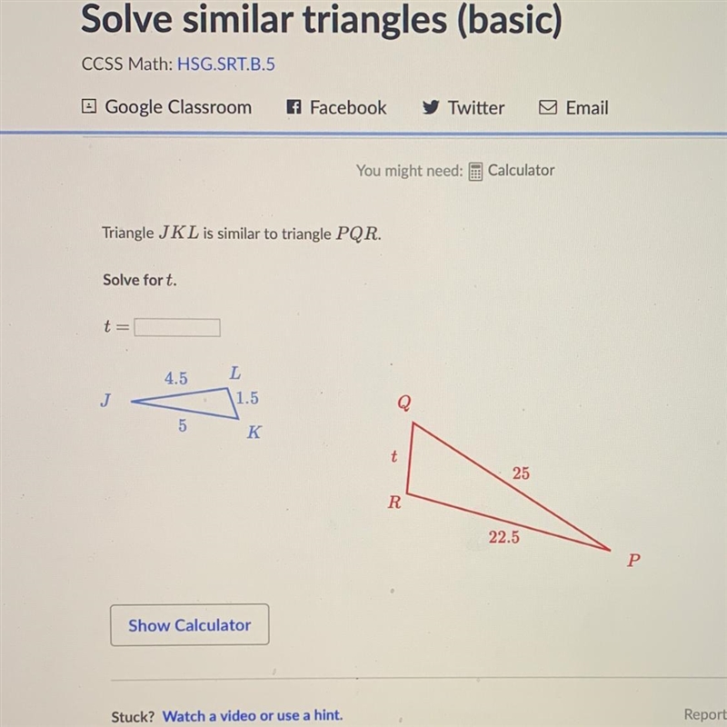 Solve similar triangles-example-1