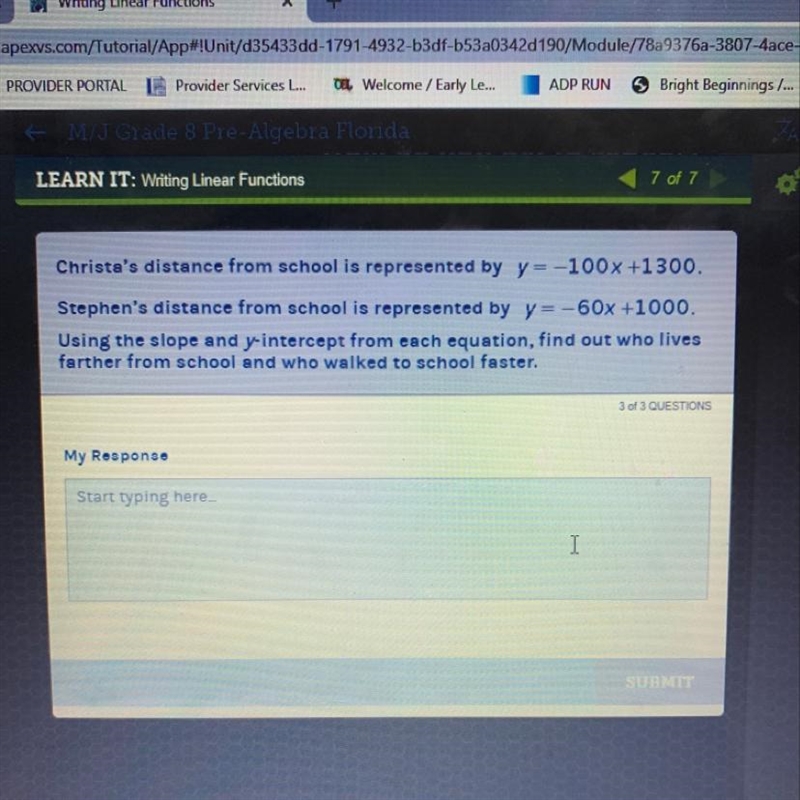 Christa's distance from school is represented by y=-100x +1300. Stephen's distance-example-1