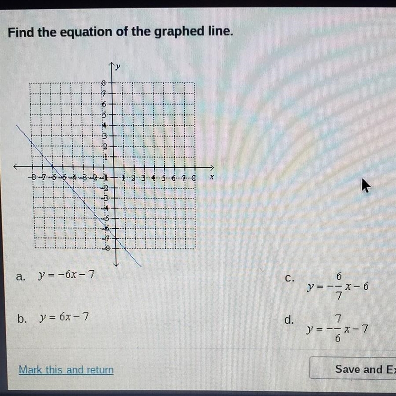 Find the equation of the graphed line and select the best answer from the choices-example-1