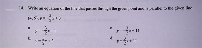 Write an equation of the line that passes through the given point and is parallel-example-1