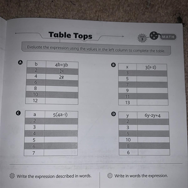 Evaluate the expression using the values in the left column to complete the table-example-1