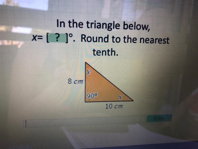 In the triangle below x=? Degrees. Round to the nearest tenth.-example-1