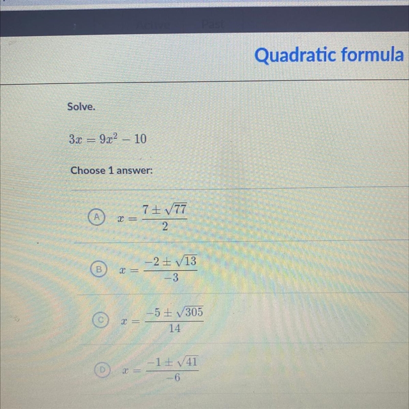 Solve. 3x = 9x^2– 10-example-1