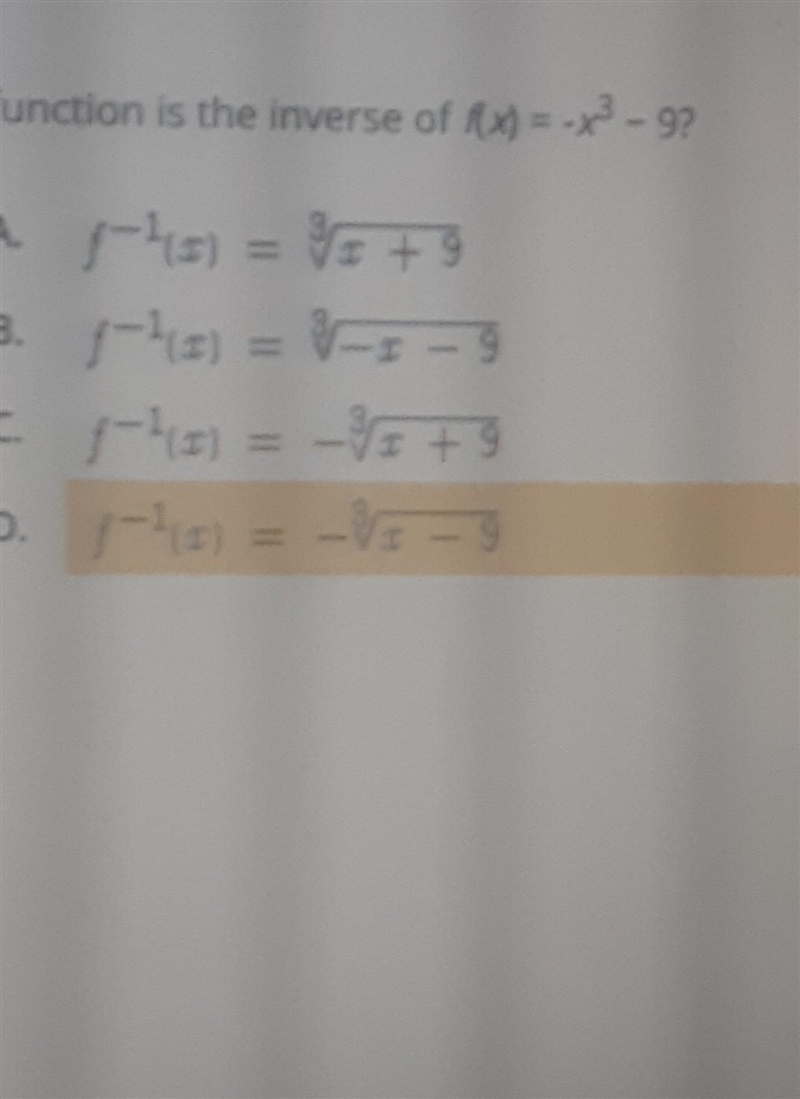 Which function is the inverse of f(x)=-x³-9?​-example-1