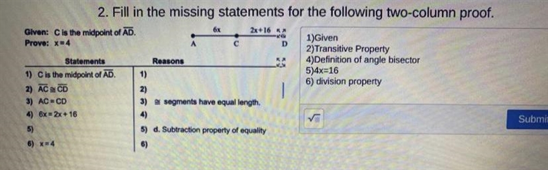 Geometry; two column proof Helpp! I’ve been stuck on this question on my test for-example-1