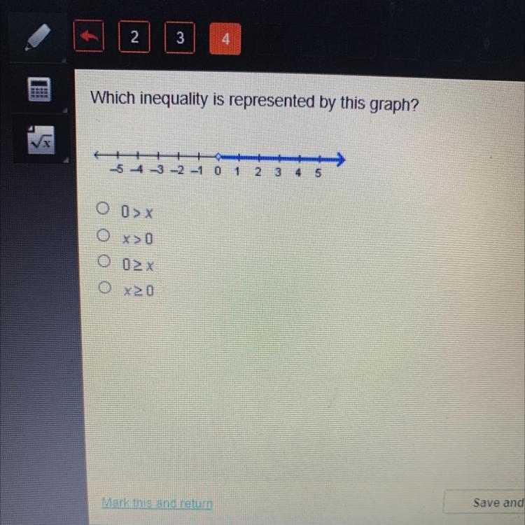 Which inequality is represented by this graph? -5 -4 -3 -2 -1 0 1 2 3 4 5 0 0 &gt-example-1