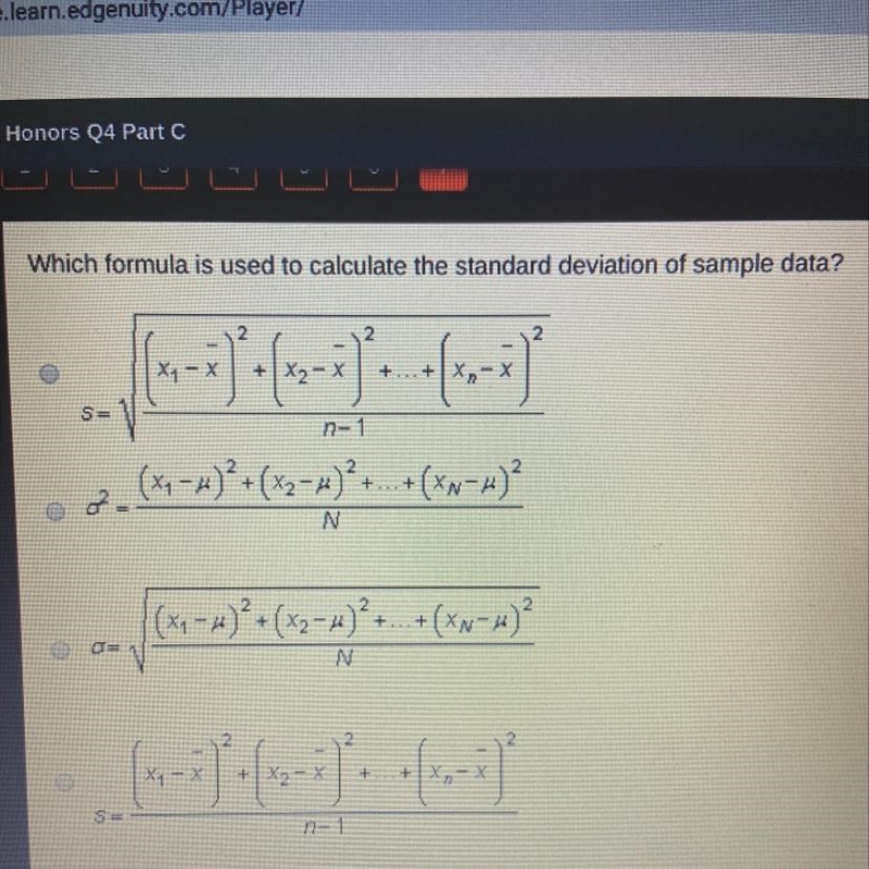 Which formula is used to calculate the standard deviation of sample data?-example-1