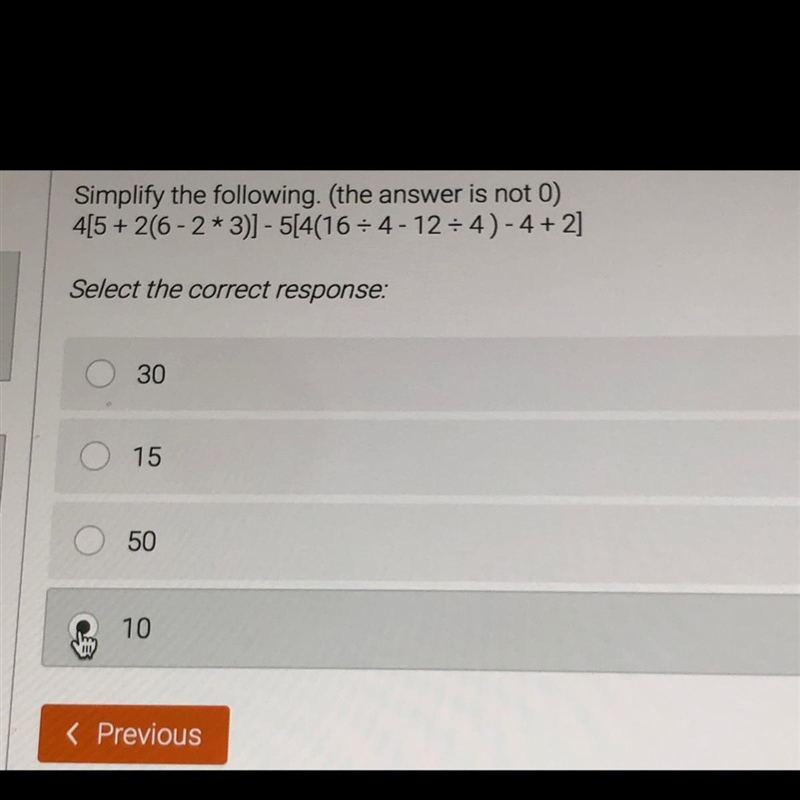 Simplify the following. (the answer is not 0) 4[5+ 206-2 * 3)] - 5[4(16= 4-12 = 4) - 4 + 2] Select-example-1