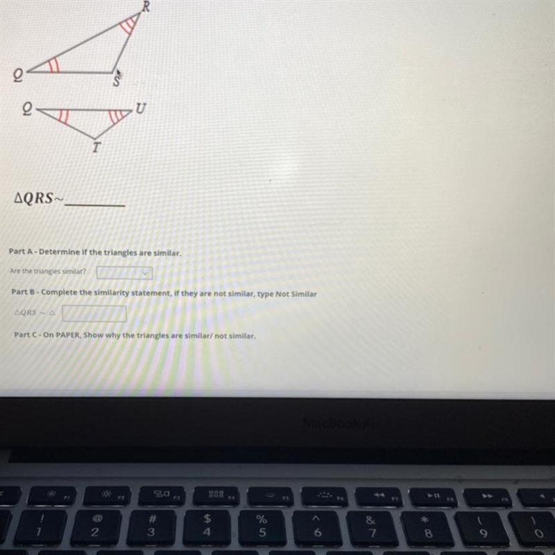 PLZZZZ HELPPPP THIS IS TIMED!! *look at picture* Part A- Determine if the triangles-example-1