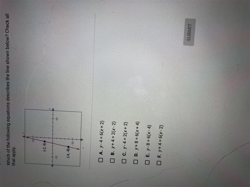 Which of the following equations describes the line shown below ?-example-1