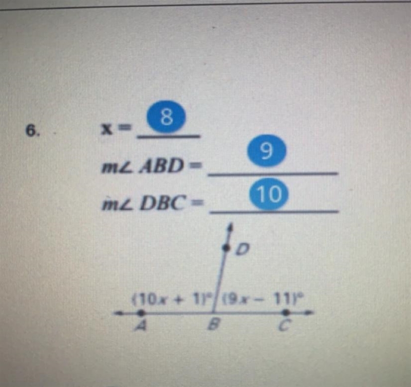 8. What is x 9. What is the measure of angle ABD 10. What is the measure of angle-example-1