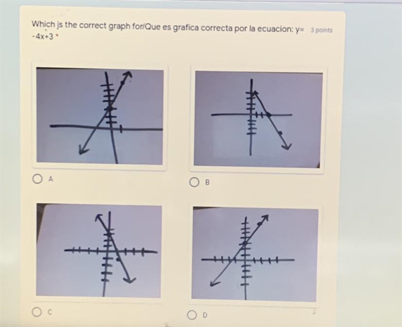 Which is the correct graph for: y= - 4x+3-example-1