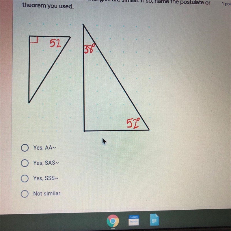 Determine whether the triangles are similar. If so, name the postulate or theorem-example-1