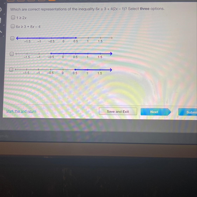 Which are correct representations of the inequalities 6x>3+4(2x-1)? select three-example-1