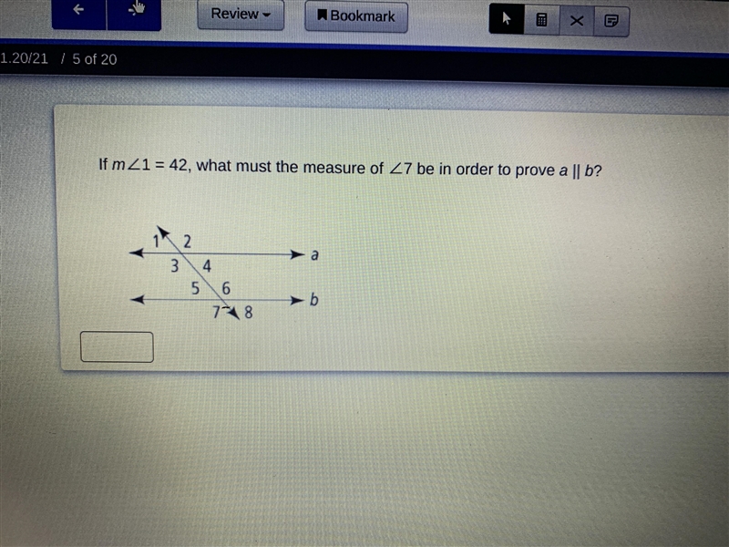 If m1=42, what must the measure of 7 be in order to prove a||b? PS:Couldnt find the-example-1