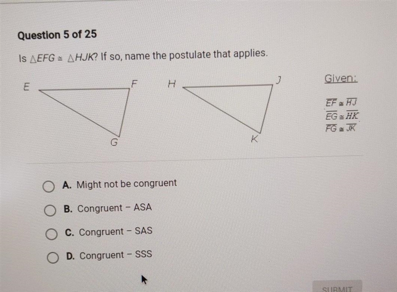 Is EFG equal to HKJ? If so, name the postulate that applies.​-example-1