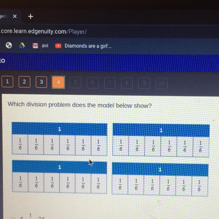 Which division problem does the model below show? A. 4 divided by 1/6=24 B. 4 divided-example-1