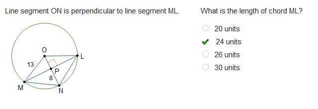 Line segment ON is perpendicular to line segment ML. Circle O is shown. Line segments-example-1