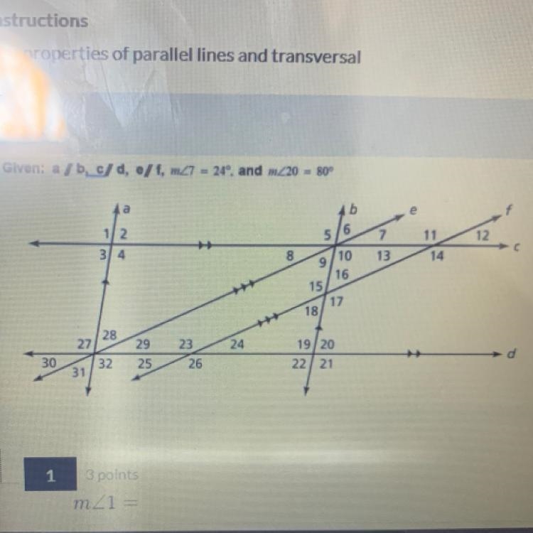 Given: a//b c//d e//f, m<7=24, and m<20 = 80 what is m<1-example-1