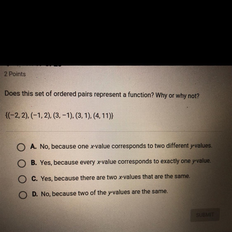 Does this set of ordered pairs represent a function? Why or why not?-example-1