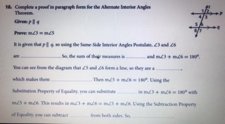 Plzz helppp complete a proof in paragraph form for the alternate interior angles theorem-example-1