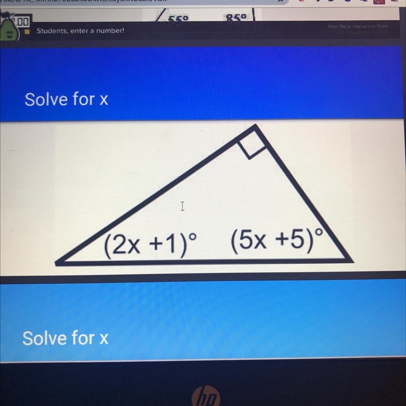 Solve for x I (2x +1)° (5x +50°-example-1