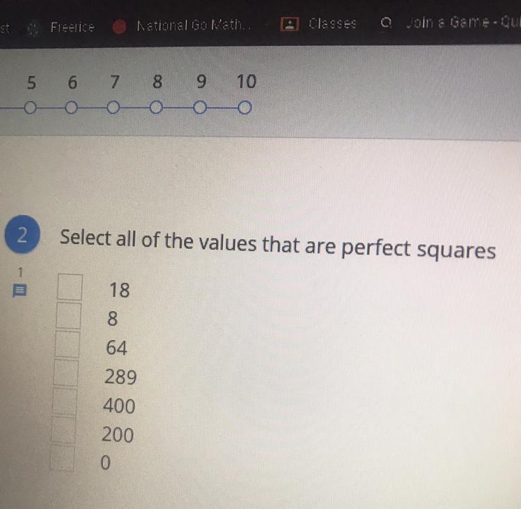 2 Select all of the values that are perfect squares 18 8 64 289 400 200 0-example-1