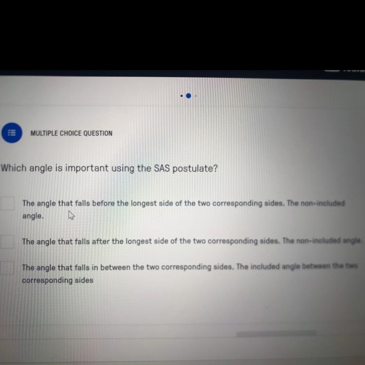 PLEASE HELP ASAP Which angle is important using the SAS postulate?-example-1