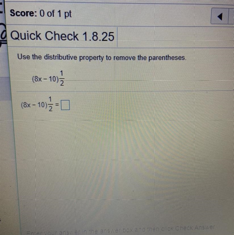 Use the distributive property to remove the parentheses. (8x-10)1/2=-example-1