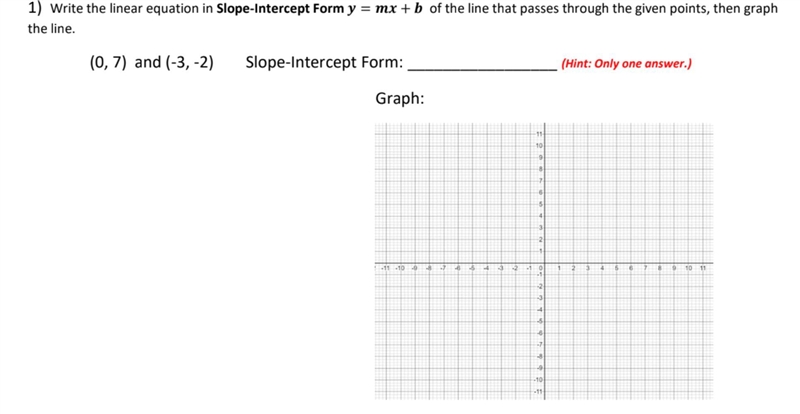 Write the linear equation in Slope-Intercept Form y = mx + b of the line that passes-example-1