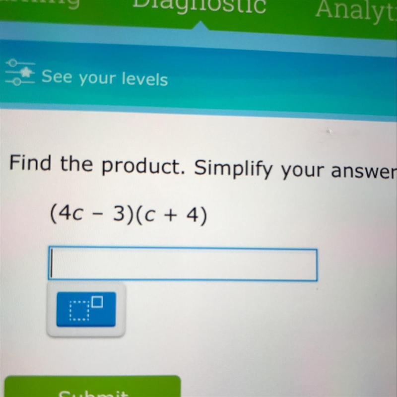 Find the product. Simplify your answer. (40 - 3)(C + 4)-example-1