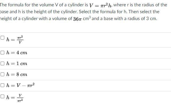 The formula for the volume V of a cylinder is , where r is the radius of the base-example-1