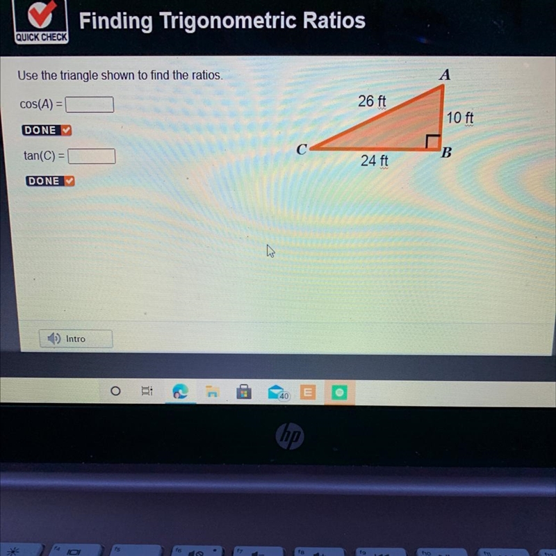 Use the triangle shown to find the ratios. COS(A)= ? tan(C) = ?-example-1