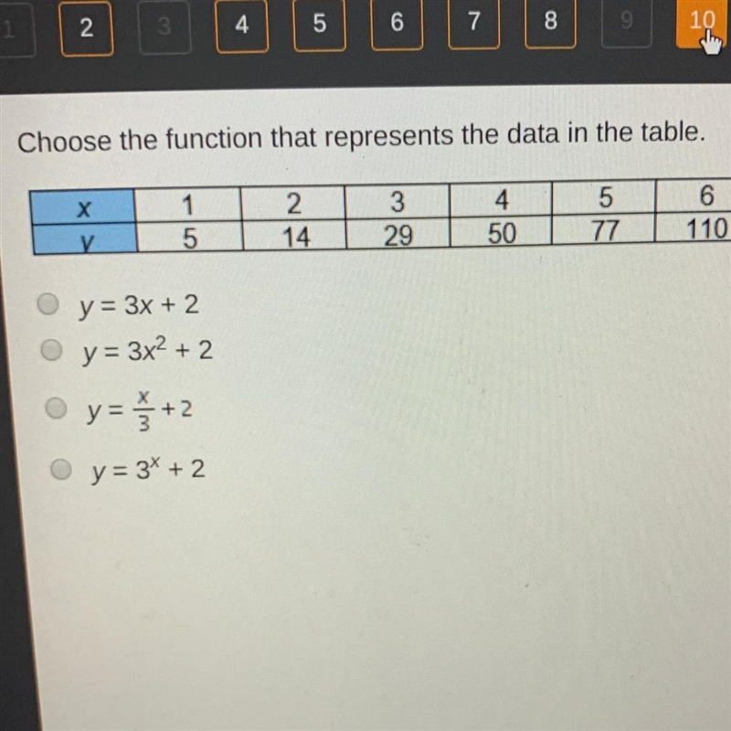 Choose the function that represents the data in the table. y= 3x + 2 y= 3x2 + 2 y-example-1