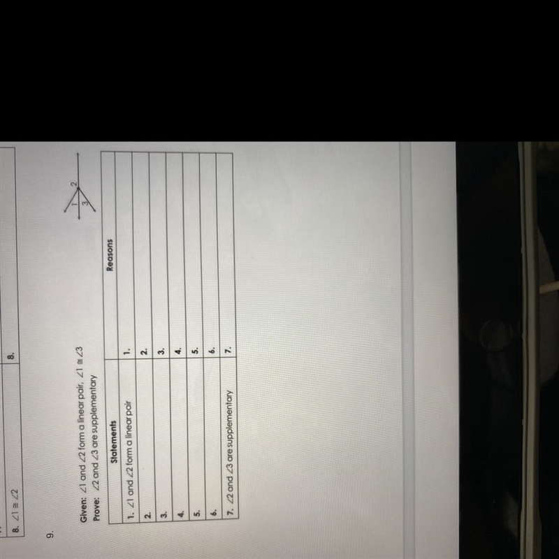 Given: angle 1 and angle 2 form a linear pair, Proven: angle 2 and angle 3 are supplementary-example-1