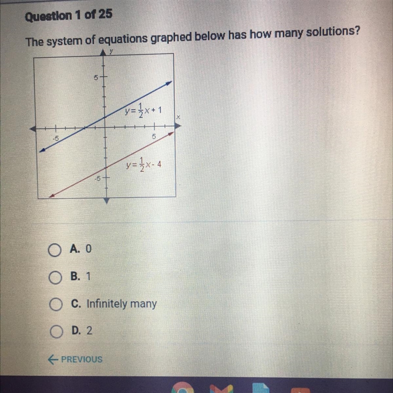 The system of equations graphed below has how many solutions? A. 0 B. 1 C. Infinitely-example-1