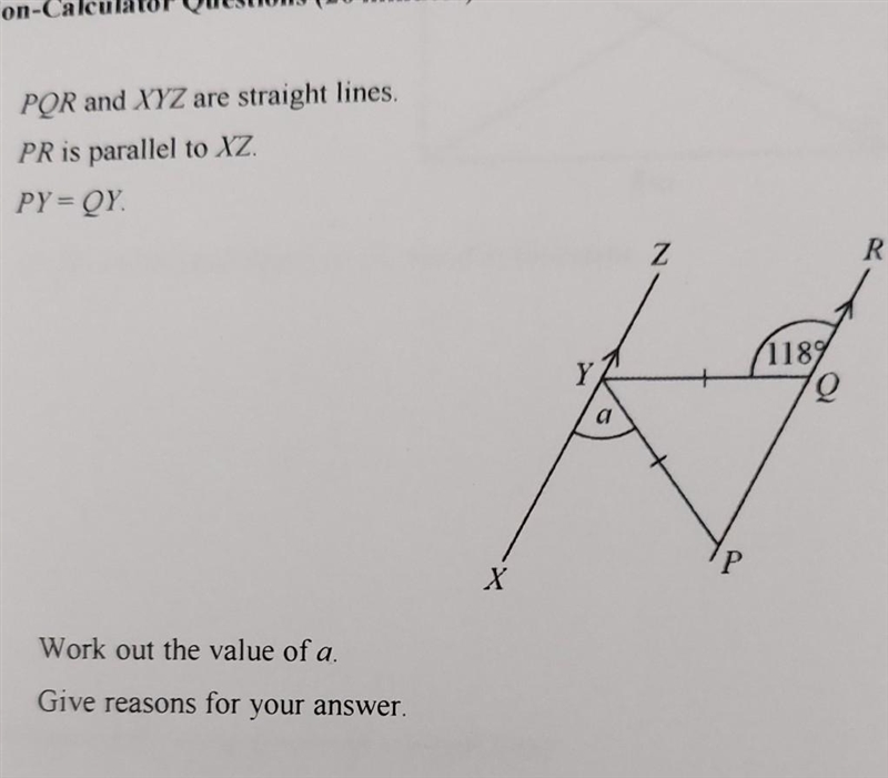 PQR and XYZ are straight lines, PR is parallel to XZ. PY = QY Work out the value of-example-1