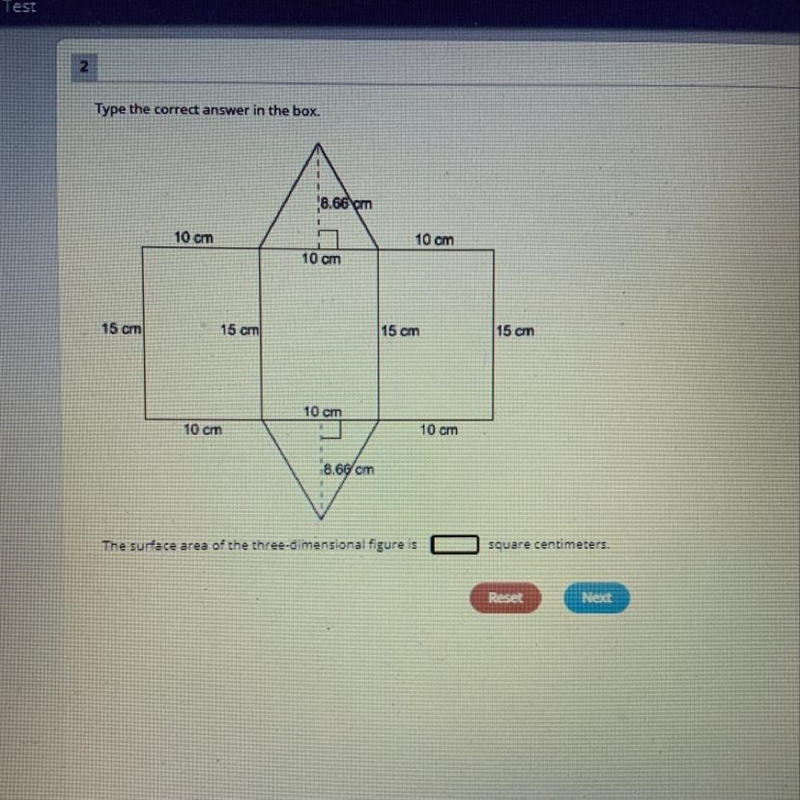 Type the correct answer in the box. 8.66 cm 10 cm 10 cm 10 cm 15 cm 15 cm 15 cm 15 cm-example-1