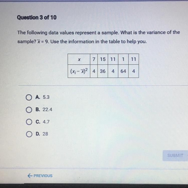 The following data values represent a sample. What is the variance of the sample? X-example-1