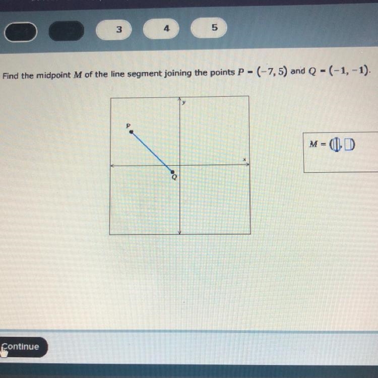 Find the midpoint M the line segment joining the points P (-7,5￼￼) and Q (-1,-1)-example-1