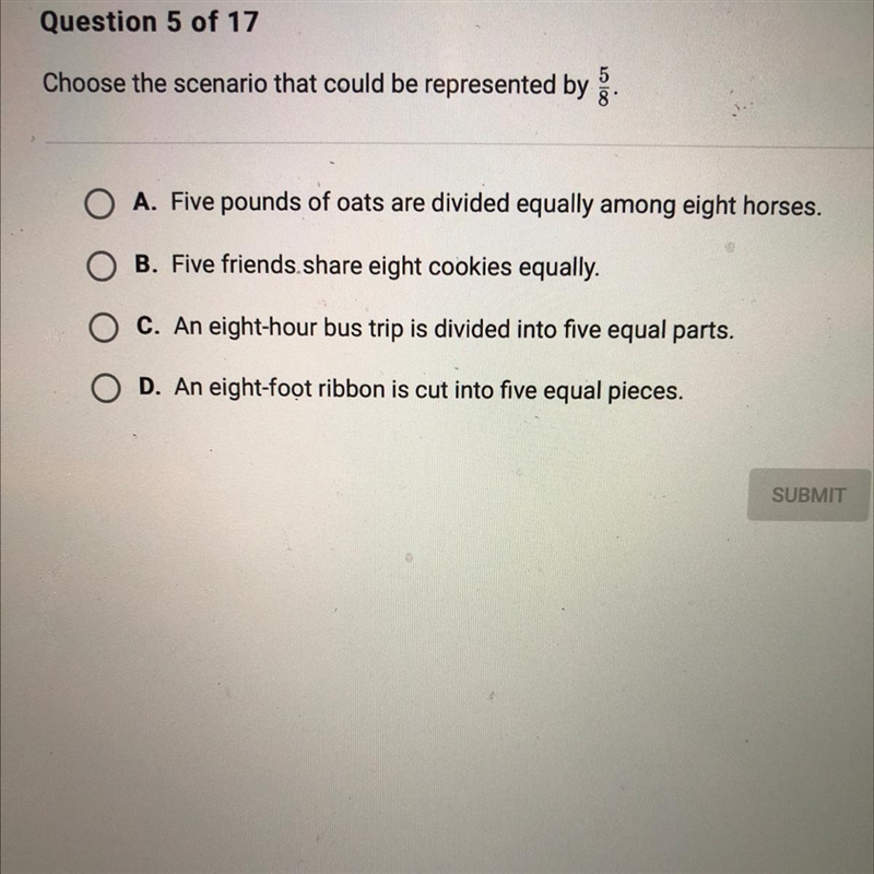 Choose the scenario that could be represented by : A. Five pounds of oats are divided-example-1