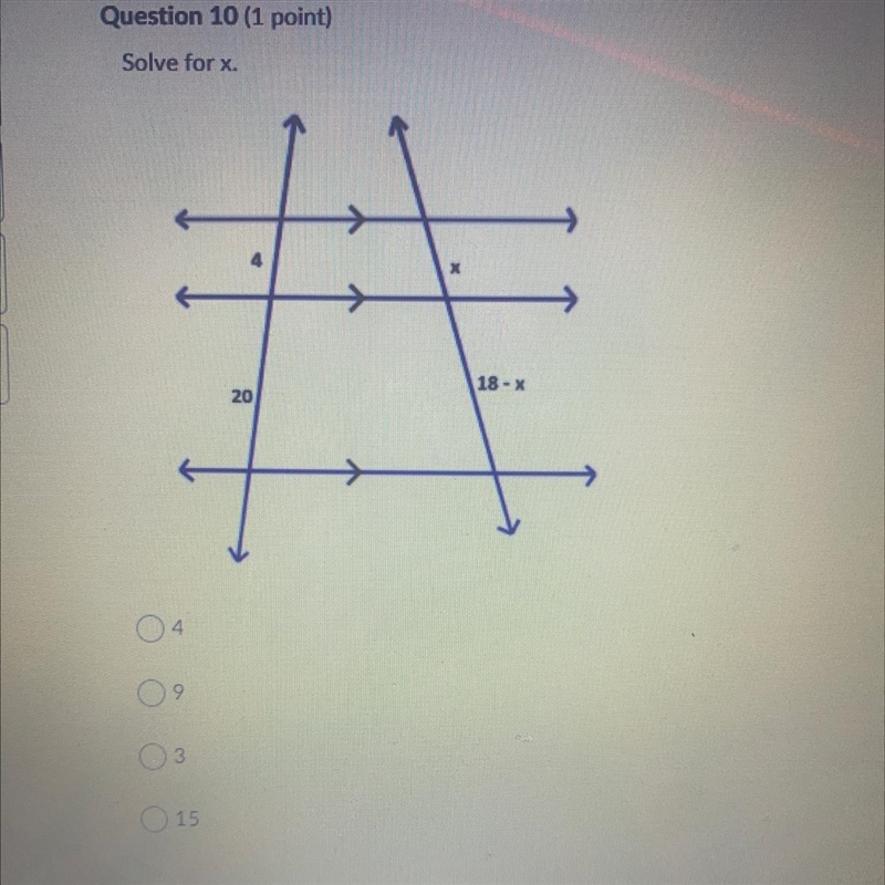 Solve for x A 4 B 9 C 3 D 15-example-1