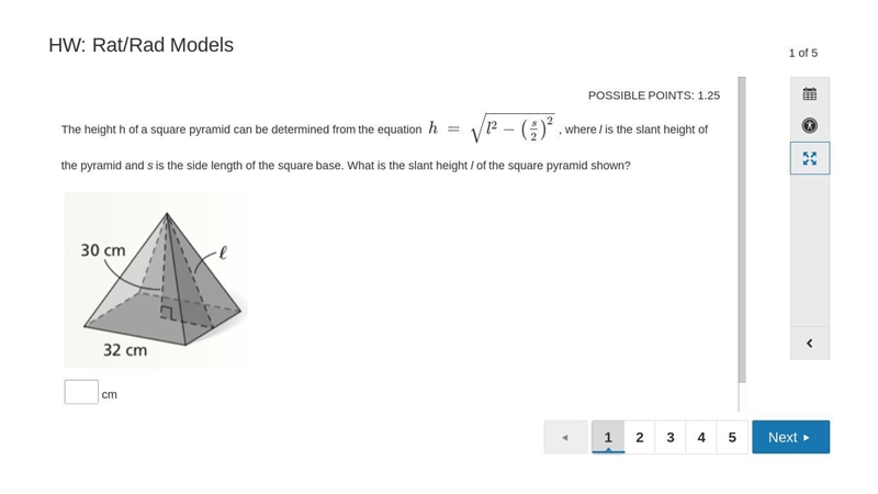 The height h of a square pyramid can be determined from the equation h = l2−(s2)2−−−−−−−−√ , where-example-1