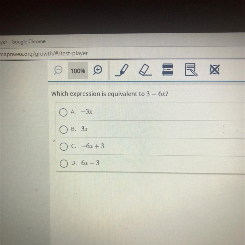 Which expression is equivalent to 3-6x?-example-1