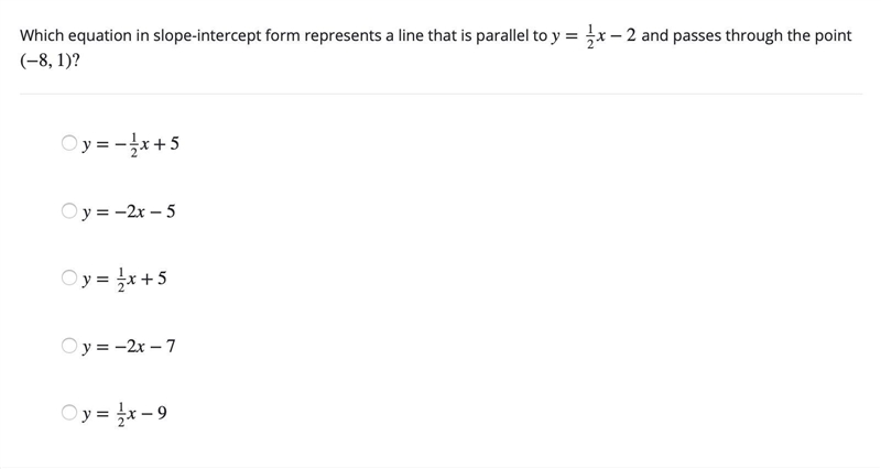 5. Please help. Which equation in slope-intercept form represents a line that is parallel-example-1