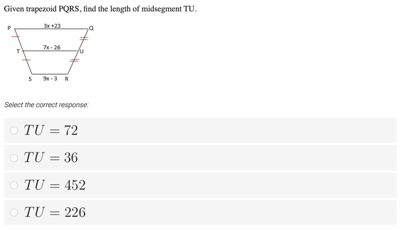 Given trapezoid PQRS, find the length of midsegment TU.-example-1