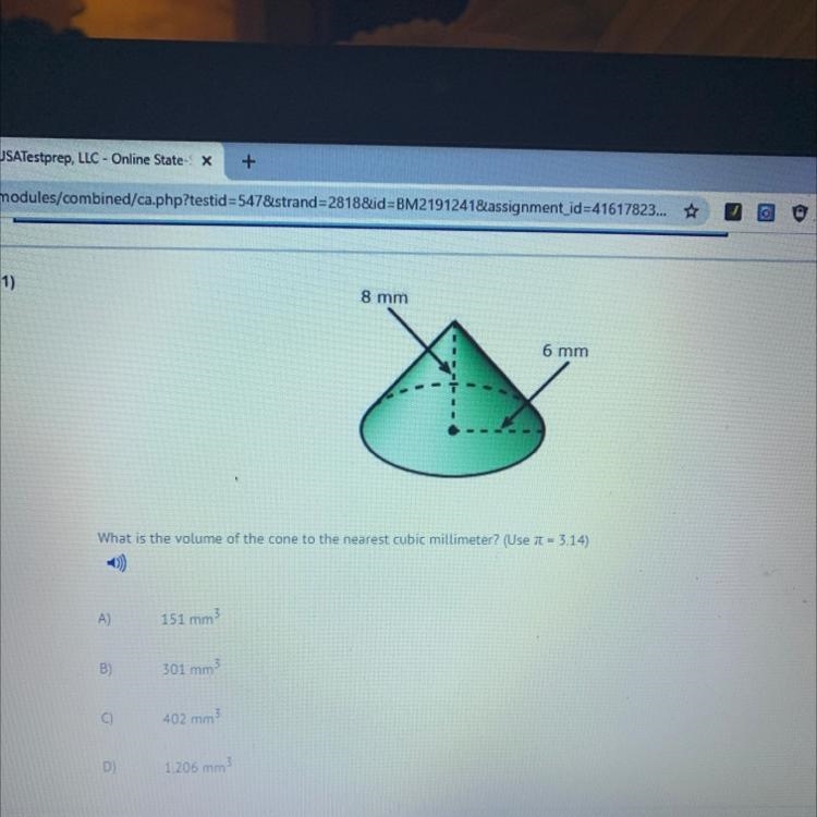 What is the volume of the cone to the nearest cubic millimeter? (Use n = 3.14) A) 151 mm-example-1